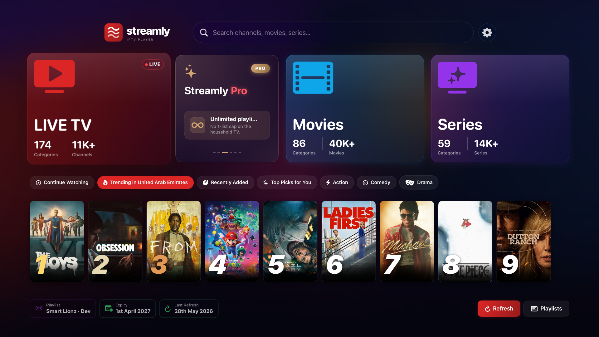 Streamly home screen on Apple TV